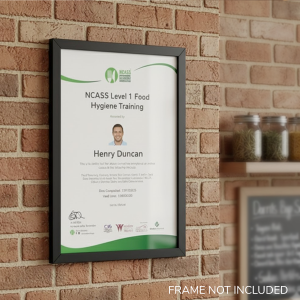 Level 1 Food Hygiene Training online certificate - Framed Certificate on wall